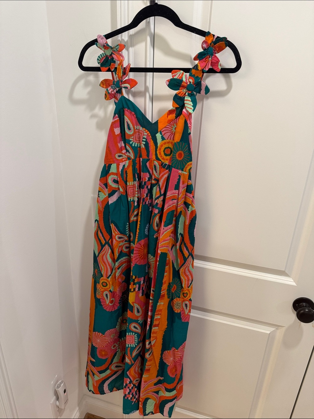 FARM Rio Teal, Coral and Orange Floral Maxi Dress with Floral Tie Straps